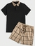 Manfinity Homme Hombres Camisa polo algodón de cuadros en contraste cuello & Shorts de cintura con cordón