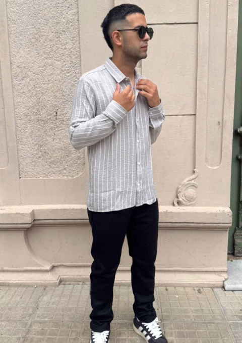 CAMISA LINO GRIS RAYAS