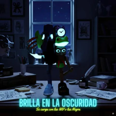 Figura coleccionable La Grande Dimenzione iluminada en la oscuridad sobre un escritorio con dibujos y objetos de oficina