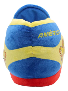 Pantufla tipo sneaker azul, amarilla y roja con diseño y texto "América" del Club América vista desde atrás
