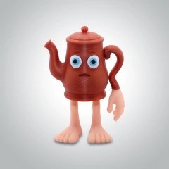 Figura coleccionable de tetera con ojos grandes, brazos y piernas humanas en fondo gris claro