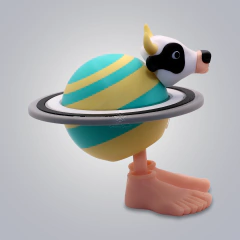 Figura coleccionable de una vaca con diseño de planeta Saturno, colorida y divertida.