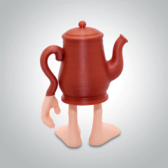 Figura coleccionable de tetera color rojo con brazos y piernas humanos en fondo gris