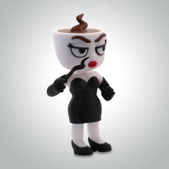 Figura coleccionable Espressona Signora con cabeza de taza de café, vestido negro y expresión decidida