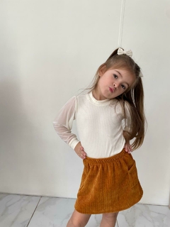 Blusa canelada com manga de tule - Off White - comprar online