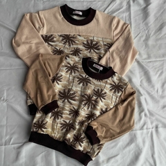Blusa de Moletinho Salamê - Bege e marrom com coqueiros - Bella Bordô Kids