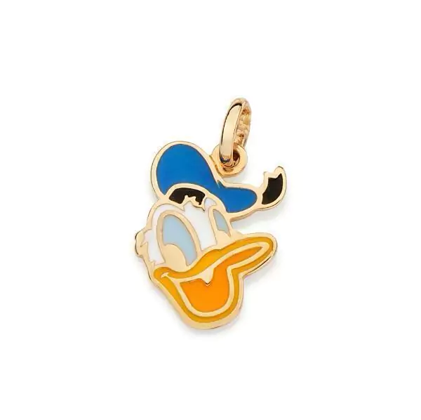 Pingente rosto do pato donald folheado a ouro com aplicação de resina colorido