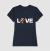Camisa feminina azul com a palavra "LOVE" e a imagem de um cachorro colorido.