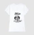 Camiseta branca feminina com ilustração de um cachorro Shih Tzu comendo macarrão.