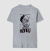 Camiseta cinza com estampa de cachorro dálmata estilizado com cabelo preto e branco, com texto em inglês "I'm just getting started. Honey".