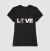 Camisa feminina preta com a palavra "LOVE" e a imagem de um cachorro colorido.