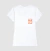 Camiseta branca feminina com estampa "DOG DAD" em laranja.