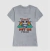 camiseta feminina cinza com estampa de um gato fofo, segurando um arco-íris e a frase "PET ME IF YOU CAN".