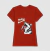 camiseta vermelha feminina com estampa de um husky cantando em um microfone, com as palavras "Husky & Karaoke".