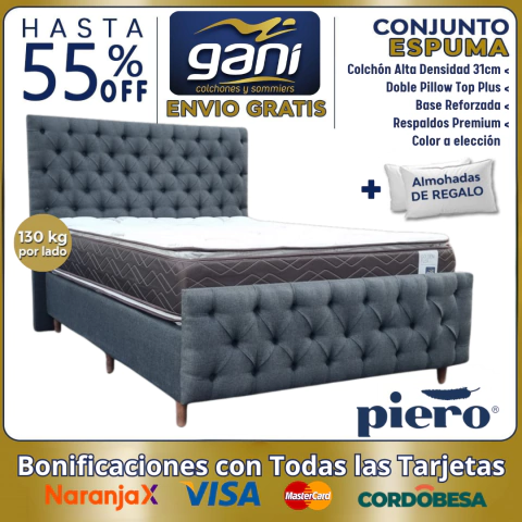 Conjunto de Diseño | Respaldo + Base con Piecero Capitoné + Colchón de Espuma Alta Densidad 130kg por plaza -Doble Pillow - comprar online