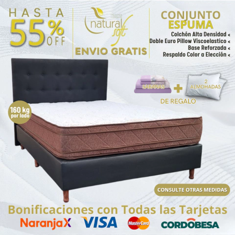 Combo Conjunto Sommier | Respaldo + Base Tapizada + Colchón Espuma + Sabanas + Almohadas de REGALO - comprar online