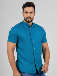 Camisa Social Mascullina Slim Gola Padre linho Verde Petroléo