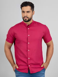 Camisa Social Masculina Gola Padre Slim Rosa Escuro
