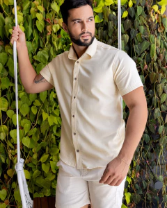 Camisa social Masculina manga Slim curta Bege