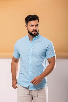 Camisa Social Masculina Gola Padre na Cor Azul Piscina