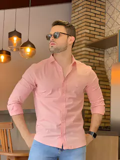 Camisa masculina Slim social manga longa salmão claro