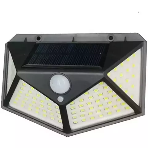 Luminária solar preta com 100 LEDs e sensor de presença integrada para iluminação externa