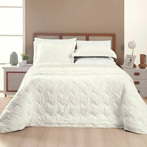 Cobre Leito Aveline Colcha Tecido Matelado Dupla Face 300 Fios Casal Queen 03 Peças Off White