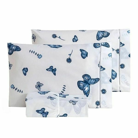 Jogo Lençol Casal Queen 3 Peças 200 Fios 100% Algodão Ponto Palito Borboletas Azul