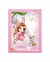 Capa do caderno colegial quadriculado Jolie, com uma menina em um balanço e um cachorro ao seu lado, decorada com flores e um arco-íris.