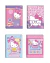 Quatro capas de caderno pequeno da Hello Kitty em tons de rosa e roxo, apresentando ilustrações da personagem em diferentes poses e acessórios escolares.