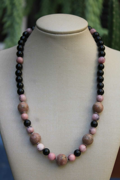 60. Colar de Pedras Naturais Rodocrosita, Jade Rodocrosita e Ágata Preta (BFY150CV)