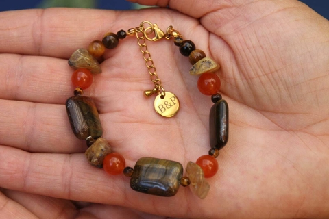 Pulseira de Pedras Naturais Olho de Tigre, Quartzo Rutilado, Jade Laranja e Jaspe - 20 gr (XX164PV1)