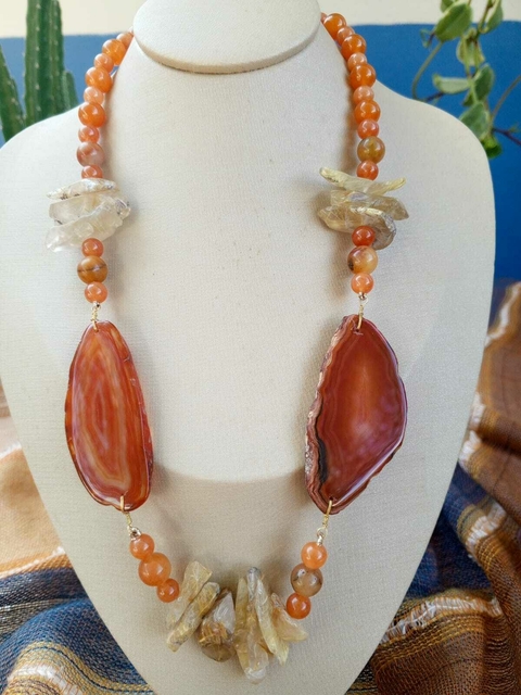 Colar de Ágata Cornalina, Jade Laranja e Quartzo Rutilado - 51 cm (XX142CV)