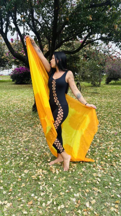 Véu Em Seda Pura Pintado à Mão - Amarelo com Laranja Estilizado na internet