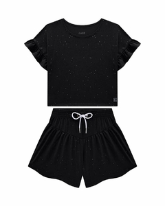 CONJUNTO BLUSA CROPPED E SHORTS EM MALHA COM BRILHO na internet