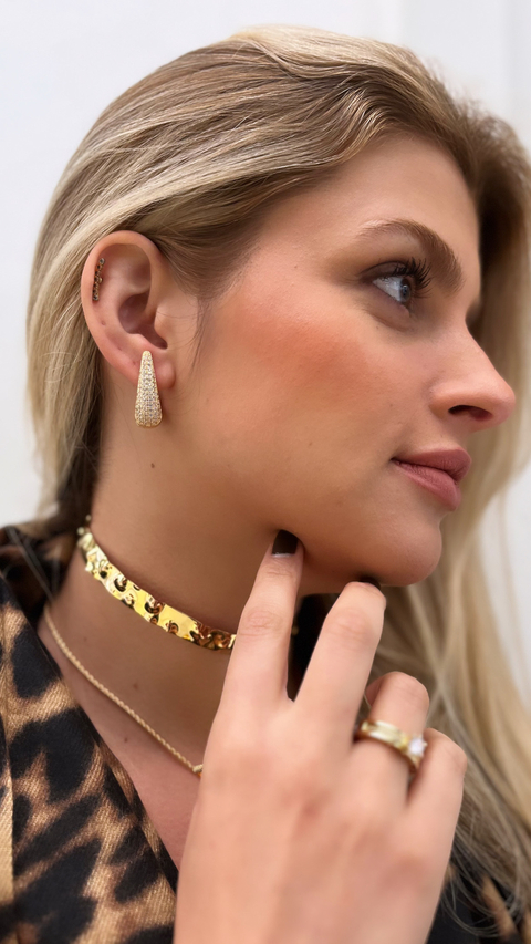 Brinco gota click cravejado ouro dourado