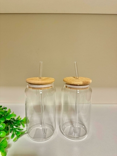 Vaso de vidrio con tapa de bambú (sorbete de vidrio)