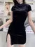 Vestido apertado chinês feminino, Manga curta, Veludo, Elegante, Preto, Sexy, B