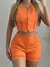 Shorts de bolso e colete sem mangas com gola em v para mulheres, roupas sólidas na internet