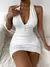 Mini vestido sem costas sem mangas em V feminino, vestido branco, sexy clubwear, na internet