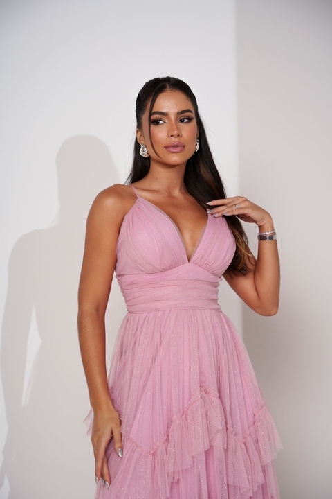 Vestido Rosê Três Marias Longo Madrinha/Formatura/Casamento Tecido Tule Com brilho Com Forro e Bojo 38-40