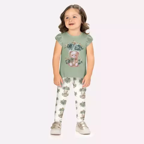 Conjunto Infantil Menina Ursinho Milon Blusa com estampa localizada e pedraria ,e calça com estampa