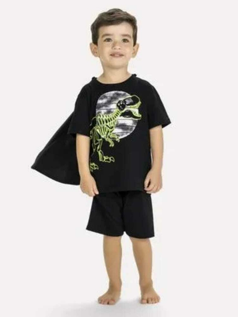 Pijama infantil menino Dinossauro com capa e estampa que brilha no escuro kyly
