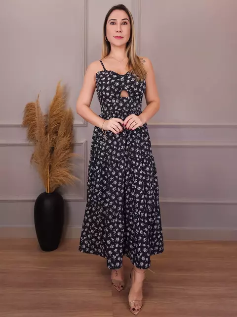 Vestido Midi Recorte Busto Heloísa Estampado Preto