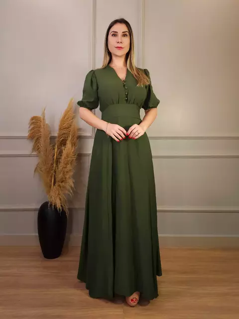 Vestido Longo Manga Curta Botões Busto Selmi Verde Militar
