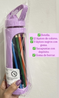 Botella con lápices , sacapuntas con depósito y goma de borrar en internet