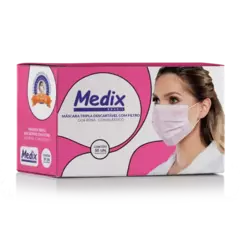 Máscara Descartável Rosa Tripla Com Elástico Medix C/ 50un