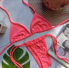 Biquíni Cortininha com calcinha fio de amarrar Rosa neon - comprar online