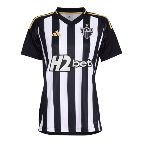 Camisa Atlético Mineiro I 25/26 - Torcedor Adidas Feminina - Preta com listras branca com detalhes em amarelo e Com Patrocínio