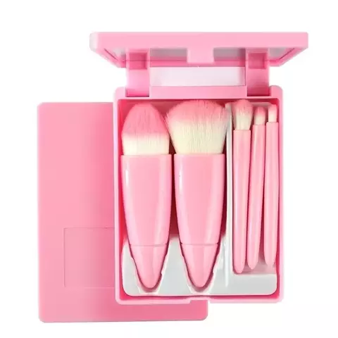 KIT DE PINCÉIS PORTÁTIL COM ESPELHO - ROSA